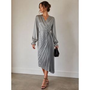SHEIN Silver Satin Pleated Midi Dress Twist Front Long Sleeve Asymmetric Sz L
